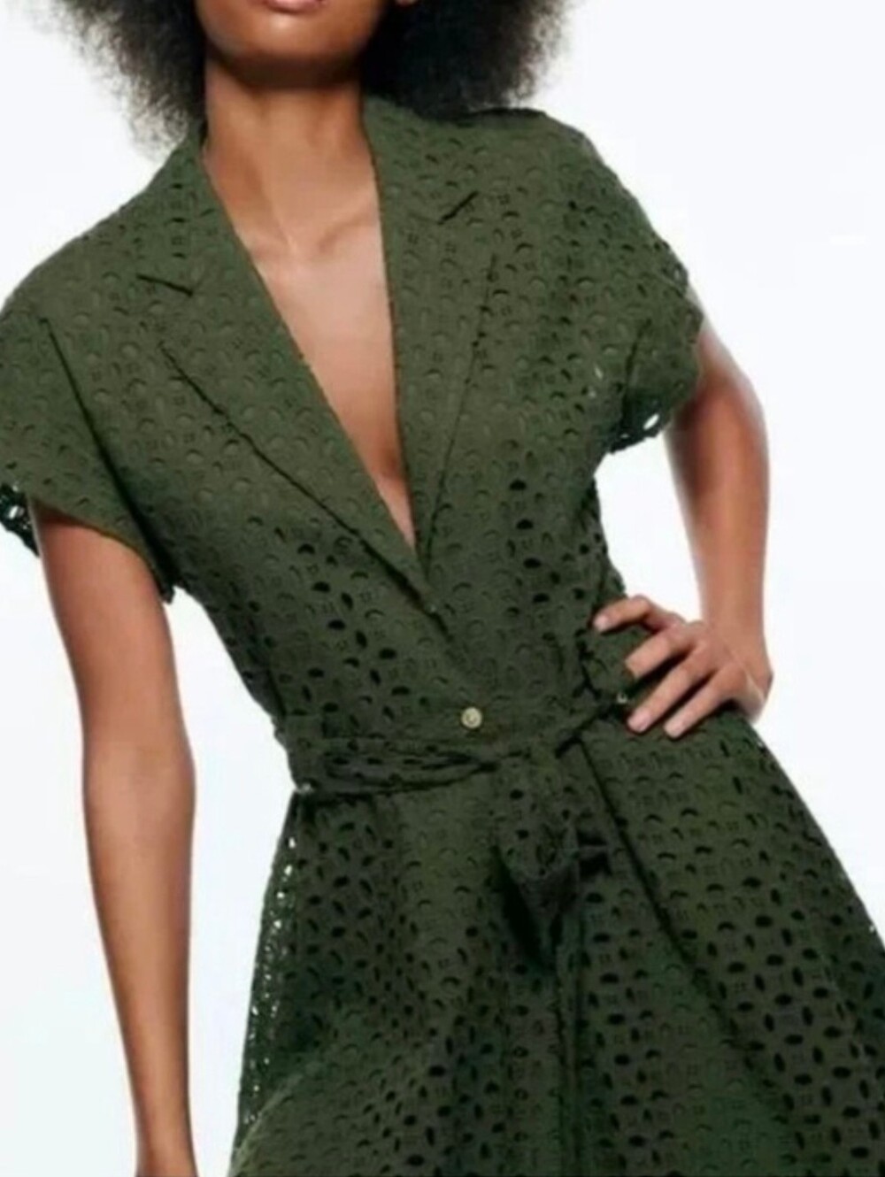 Zara Dark Olive Green Eyelet Mini Dress, Size S